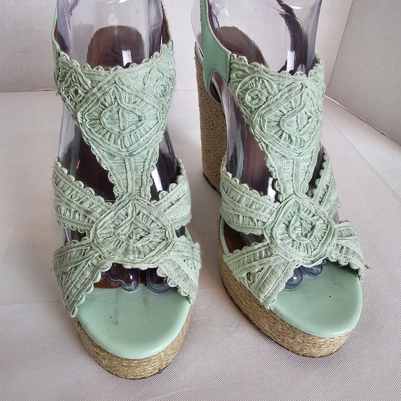 Lucky Brand Ridgeview Wedge Sandals Green Peep Toe Size 38 - Picture 4 of 11